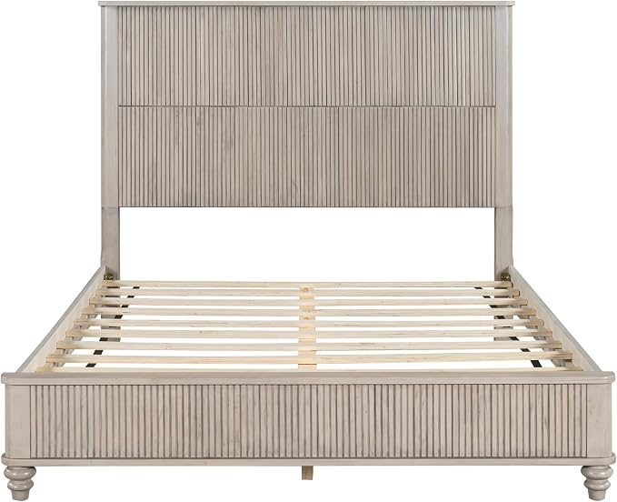 3-Pieces Bedroom Sets, Queen Size Platform Bed with 2 Nightstands, Solid Wood Platform Bed Frame with Tall Headboard and Classic American Turned Legs (Beige-5.25, Queen)