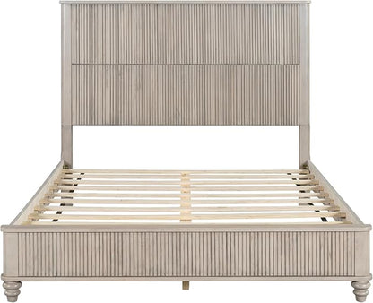 3-Pieces Bedroom Sets, Queen Size Platform Bed with 2 Nightstands, Solid Wood Platform Bed Frame with Tall Headboard and Classic American Turned Legs (Beige-5.25, Queen)