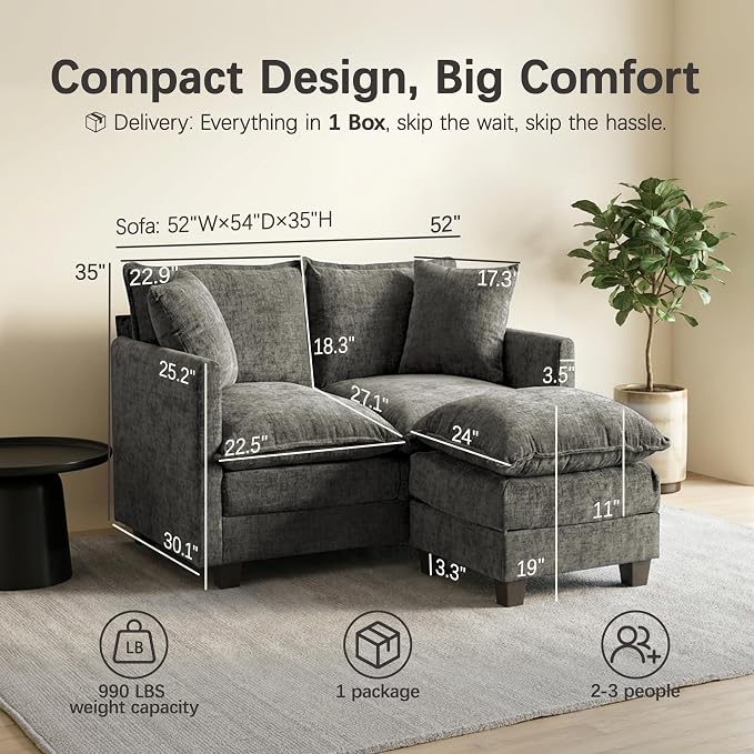 52" Loveseat Sofa, L-Shaped Cloud Couch with Ottoman, Comfy Chenille Love Seat with 2 Pillows, Small Loveseat for Small Spaces, Living Room, Bedroom,Apartment and Office, Grey