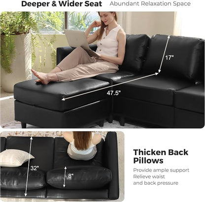 ABCASA Faux Leather Modular Sectional Sofa, 91.5" L Shaped Couch Set for Living Room, 3-Seater Comfy Cloud Couches with Movable Storage Ottoman,DIY Combination - Black