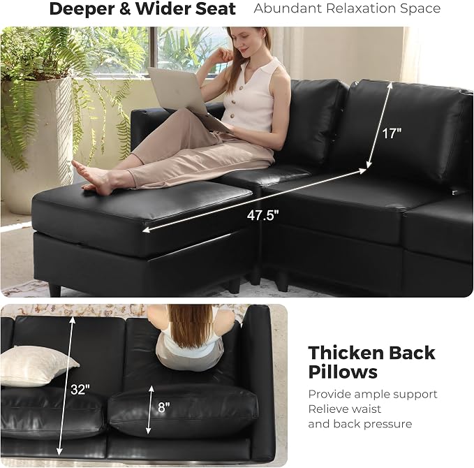 ABCASA 91.5" Faux Leather Luxury Modular Sleeper Sofa Bed with Storage Seat, 6 Seat Sectional Couch Deep Seat with Reversible Chaises & Removable Cover for Living Room - Black