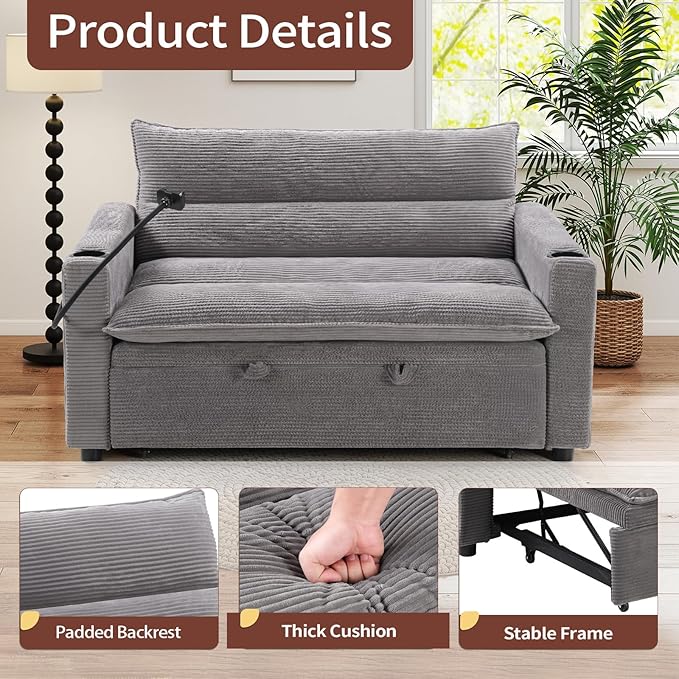 HAOMARKETS 3-in-1 Convertible Loveseat Sleeper Sofa Bed, 2-Seat Pull Out Couch with Cup Holders, Phone Holder and USB Ports, Corduroy 3-Level Adjustable Backrest Couches for Living Room, Grey