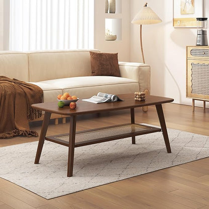 Coffee Table Small Solid Wood Center Table Mid Century Vintage Living Room Coffee Table, Walnut Rattan 47.24 Inch