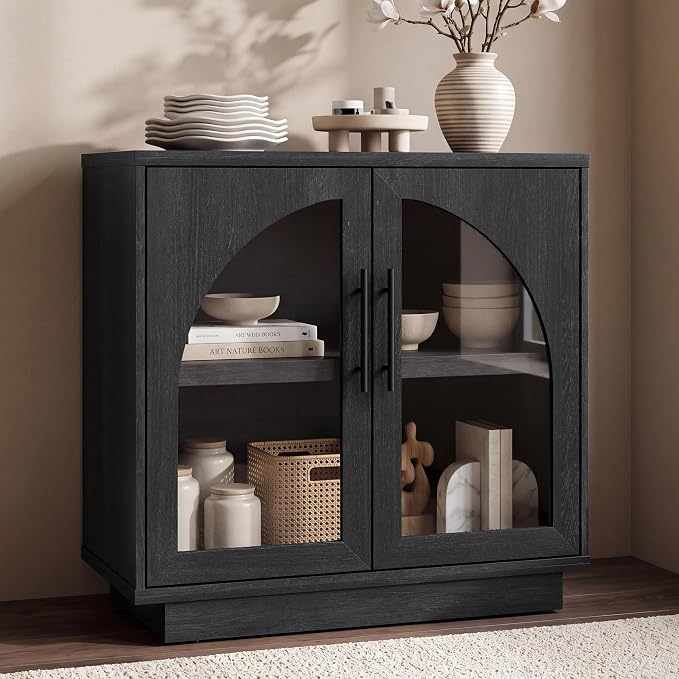 Fatmok Arched Glass Sideboard Buffet Accent Cabinet, 31.5" Display Credenza with Adjustable Shelf,1-Piece Modular Coffee Station Storage for Kitchen Living Room Bedroom, Black Grey