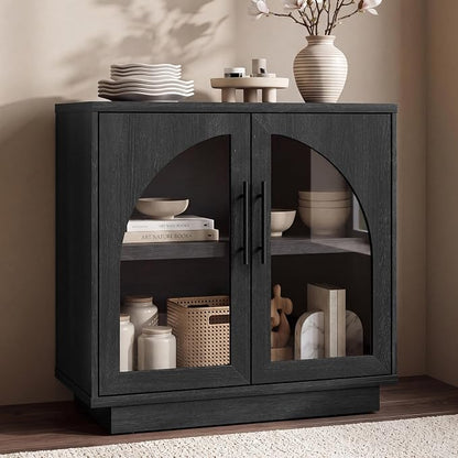 Fatmok Arched Glass Sideboard Buffet Accent Cabinet, 31.5" Display Credenza with Adjustable Shelf,1-Piece Modular Coffee Station Storage for Kitchen Living Room Bedroom, Black Grey