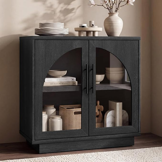 Fatmok Arched Glass Sideboard Buffet Accent Cabinet, 31.5" Display Credenza with Adjustable Shelf,1-Piece Modular Coffee Station Storage for Kitchen Living Room Bedroom, Black Grey