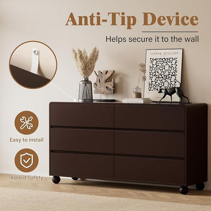 Furniway 3 Piece Bedroom Set, 6 Drawer Dresser and 2 Drawer Nightstand Set of 2 with Round Legs, Modern Wood Chest of Drawers Storage Cabinet for Bedroom, Brown