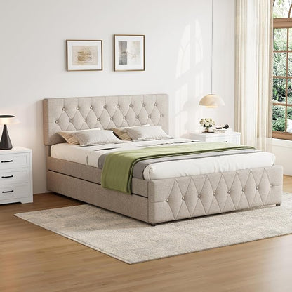 Queen Bed Frame with 2 Wood Storage Drawers & Pull‑Out Trundle Bed,Upholstered Platform Bed Frame Queen Size with Adjustable Headboard,Wooden Slats Support,No Box Spring Needed,Taupe