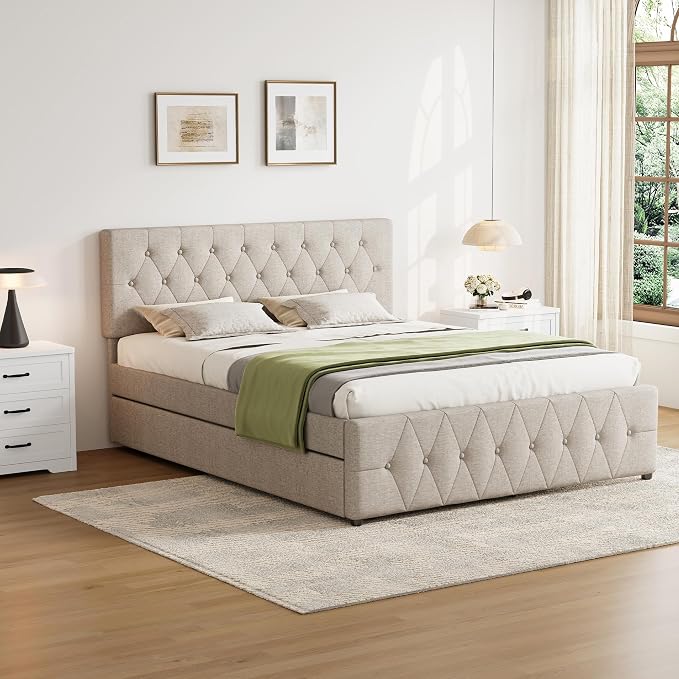 Ball & Cast Queen Bed Frame with Adjustable Headboard,Upholstered Platform Bed Frame Queen Size with 2 Wood Storage Drawers & Pull‑Out Trundle Bed,Wooden Slats Support,No Box Spring Needed,Taupe