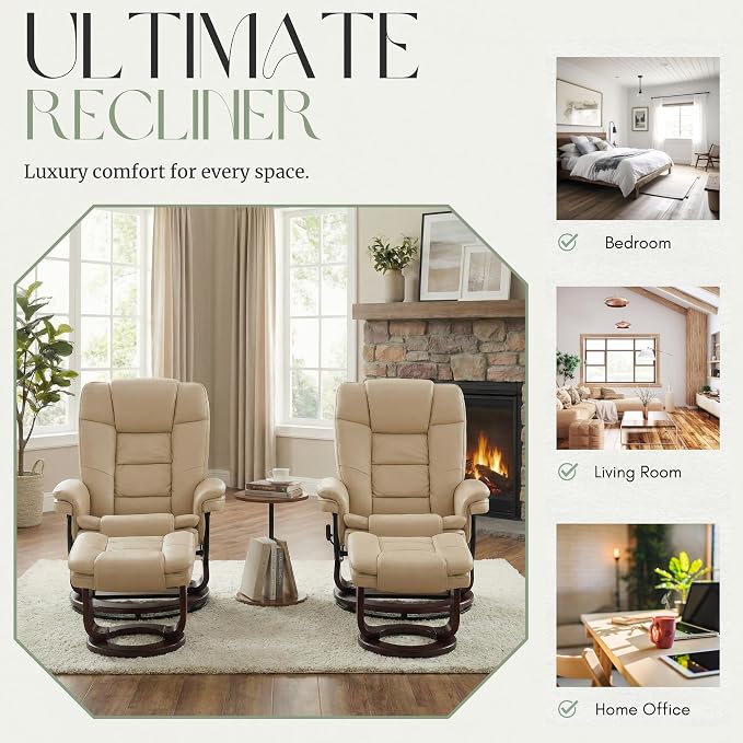 Swivel Recliner Chair with Ottoman Reclining Lounge Sofa Footrest, Set of 2 | 360°Sturdy Wood Base, Soft PU Leather, Upholstered Ultra-Plush Foam, Modern Armchair, Living Room Bedroom Office Reading Home