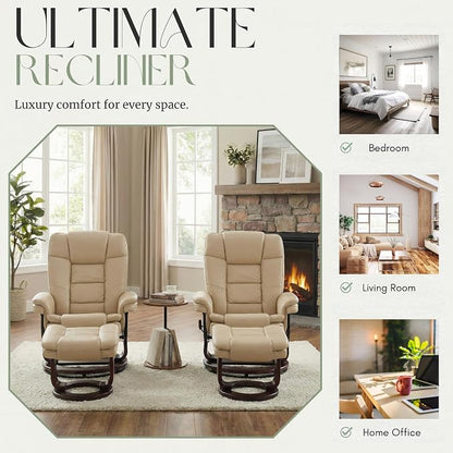 Swivel Recliner Chair with Ottoman Reclining Lounge Sofa Footrest, Set of 2 | 360°Sturdy Wood Base, Soft PU Leather, Upholstered Ultra-Plush Foam, Modern Armchair, Living Room Bedroom Office Reading Home