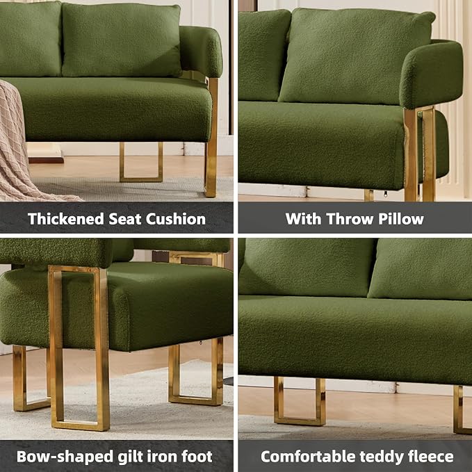 YISHENG Loveseat Sofa Modern Accent Chairs for Living Room with Golden Metal Legs Soft Teddy Upholstered Reading Armchairs no Wheels for Reception Room//Bedroom/Lounge/Office, Green
