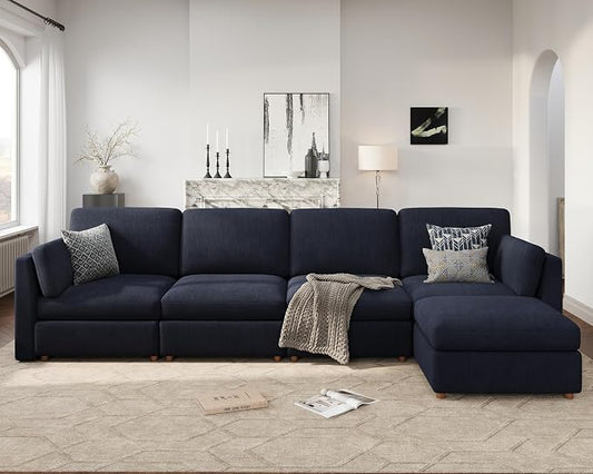 Oversized Modular Sectional Sofa L-Shaped Cloud Couches Blue | 150'' Deep Seat Couch for Living Room, 5-Seater Luxury Corner sofa with Ottoman, Solid Wood Frame, Removable Washable Cover