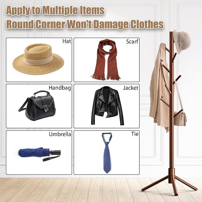 Aliphon Wooden Coat Rack Stand, Freestanding Coat Rack with 8 Hooks, 3 Adjustable Size Coat Tree for Hats, Coats, Scarves bags, Coat Hanger Stand Used in Bedroom/Office/Entryway,2 PCS (Brown)