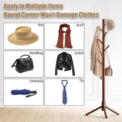 Aliphon Wooden Coat Rack Stand, Freestanding Coat Rack with 8 Hooks, 3 Adjustable Size Coat Tree for Hats, Coats, Scarves bags, Coat Hanger Stand Used in Bedroom/Office/Entryway,2 PCS (Brown)