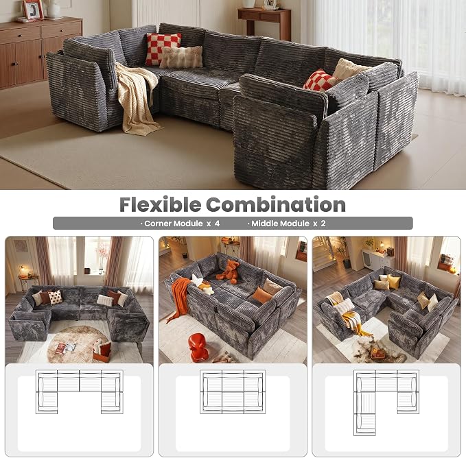 ovios Modular Sectional Sofa Couch with U-Shape Chaises Convertible, Comfy Plush Corduroy Cloud Couches, Modern Luxury Deep Seat Sofas Set for Living Room, 6-Seater, Grey