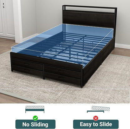 Zevemomo Full Bed Frame with 8 Storage Drawers, Full Metal Bed Frame with LED Light and Charging Station, Heavy Duty Metal Slats, No Box Spring Needed, Black