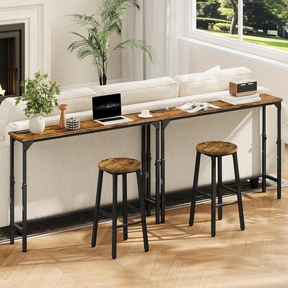 CHOEZON 78.7" Narrow Console Table with Adjustable Height (21.1"-29.9"), Set of 2, Behind Couch Table, Entryway Table with Power Outlet, Sofa Table for Entryway, Rustic Brown and Black TXG11UP2BF
