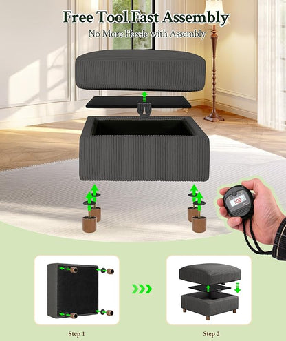 Welzona 25.2" Couches for Living Room, Comfy Grey Ottoman with Storage, Foot Rest Tool-Free Setup, Small Ottoman Foot Rest for Couch, Corduroy Couch for Bedroom, Apartment, Office