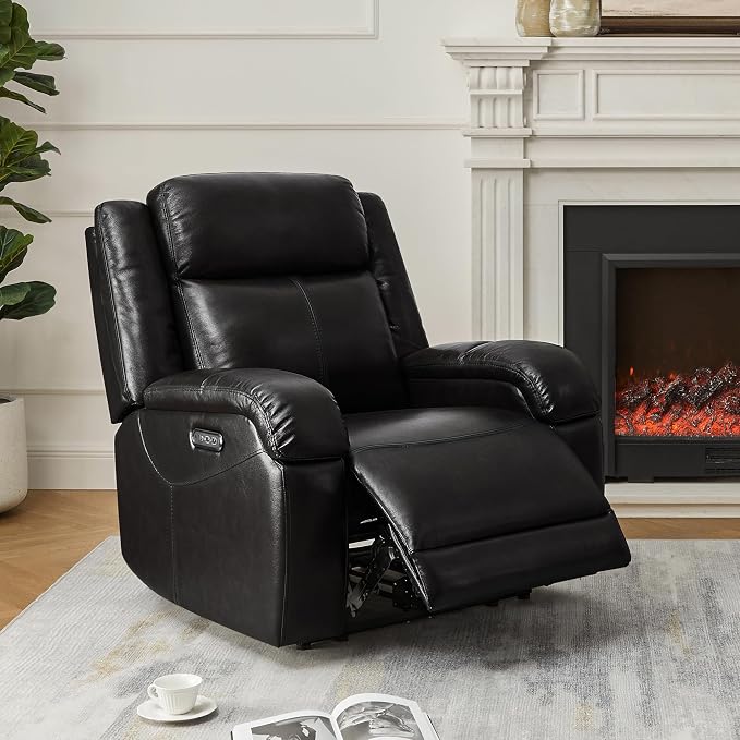 Watson & Whitely Genuine Leather Power Recliner Chairs for Adults, Wall Hugger RV Recliner with Power Headrest & Charging Ports, Electric Recliner Sofa Chair for Living Room, Black