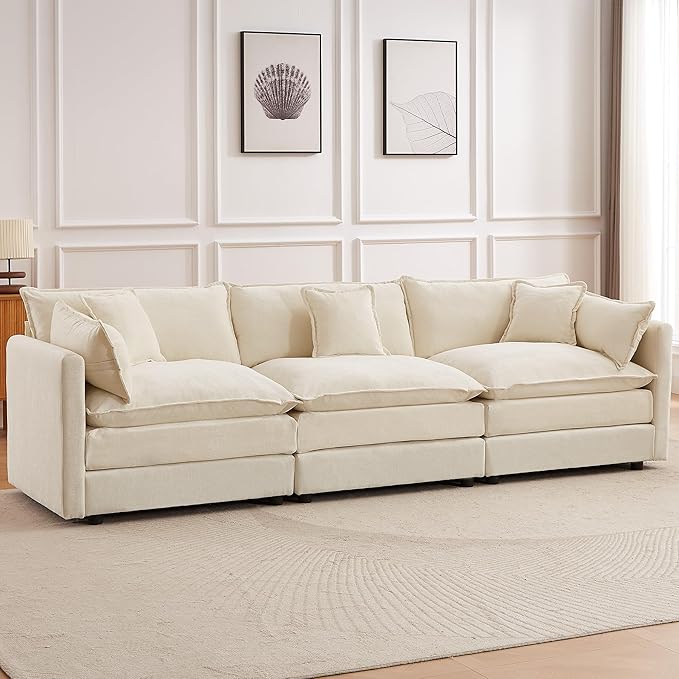 Modular Sectional Sofa, 112.2 Inch Rectangle Shaped Couch Set with Armrests, 3-Seater Comfy Cloud Couches for Living Room Apartment, Beige