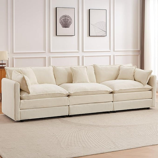 Modular Sectional Sofa, 112.2 Inch Rectangle Shaped Couch Set with Armrests, 3-Seater Comfy Cloud Couches for Living Room Apartment, Beige