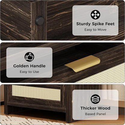 Luoxiao Nightstand Set of 2 with Charging Station - 4 Outlets & 4 USB Ports, Rattan Drawers Side Table, Boho Wood Bedside Tables End Table for Bedroom, Small Space, Easy Assembly (15.4"x23.6"x21.5")