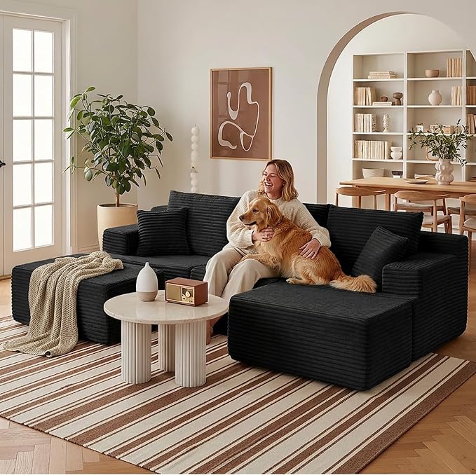103" Modular Sectional Sofa, Comfort U Shaped Boneless Couch for Living Room, Extra Deep Seats No Assembly, Corduroy (Black, 3 Seater + 2 Ottomans）