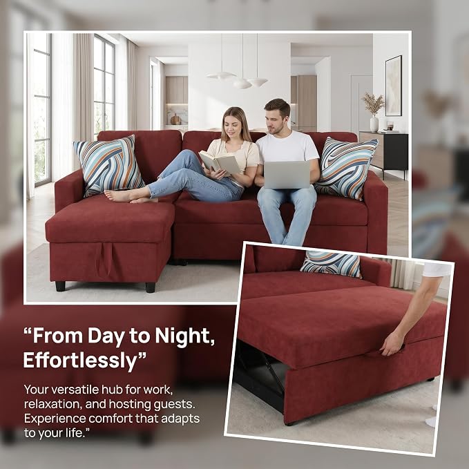 Pull Out Couch, L Shaped Sectional Couch with Pull Out Bed, Convertible Sofa Bed with Storage Chaise, Queen Size Sleeper Sofa, Sofa Bed Couch, Sleeper Sofa with Storage, Red