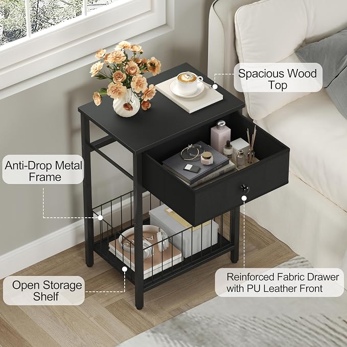 Nightstands Set of 2 with PU Leather Front Drawer, 3-Tier End Table with Bottom Mesh Basket, Industrial Bedside Tables for Bedroom, Black