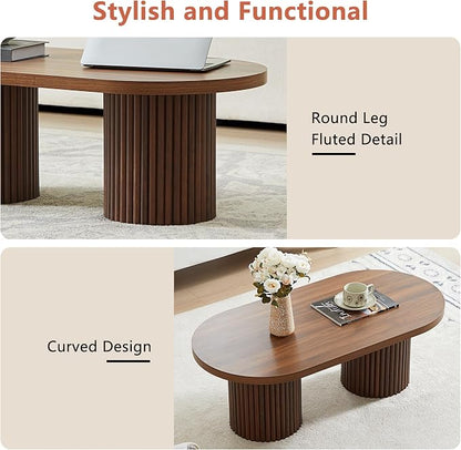 Oval Fluted Coffee Table, Farmhouse Wood Coffee Table Mid Century Modern Center Table Boho Living Room Tables for Living Room Office (Walnut, 19.69" D x 39.38" W x 13.78" H)