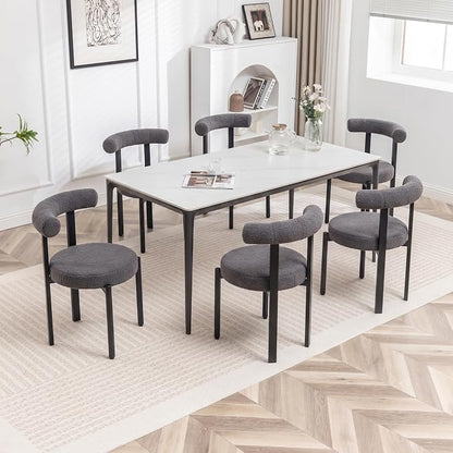 Boucle Dining Chairs Set of 6 Kitchen & Dining Room Chairs(Gray) | Mid Century Modern Upholstered Dining Chairs with Curved Backrest and Black Metal Legs