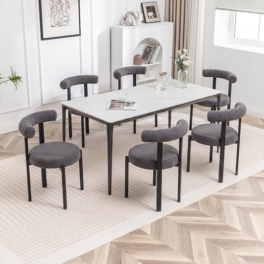 Boucle Dining Chairs Set of 6 Kitchen & Dining Room Chairs(Gray) | Mid Century Modern Upholstered Dining Chairs with Curved Backrest and Black Metal Legs
