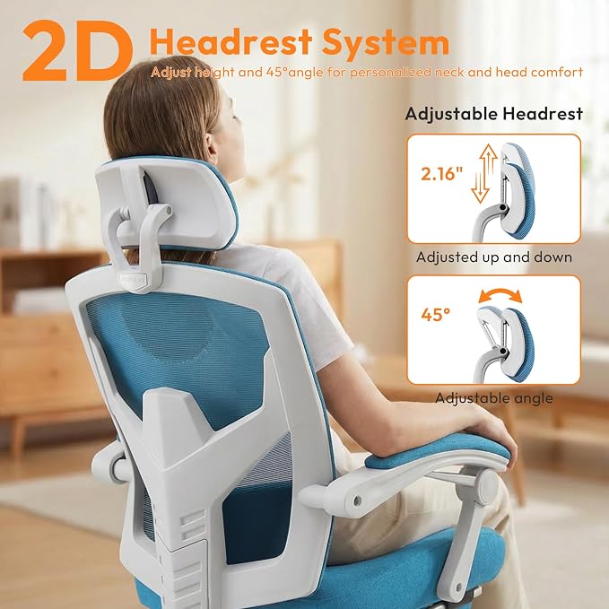 Ergonomic Desk Chair, High Back Office Chair with Wheels and Arms, Computer Chair with Footrest, Swivel Reclining Gaming Chair with Headrest, Comfy Armrest for Home, Office, Work, Study, Elegant Blue