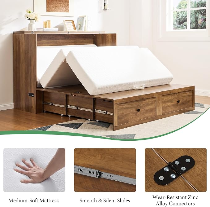 AMERLIFE Full Murphy Bed Cabinet with 6" Tri-Fold Memory Foam Mattress, Storage Drawer & Charging Station, Space-Saving Guest Bed for Home Office, Barnwood