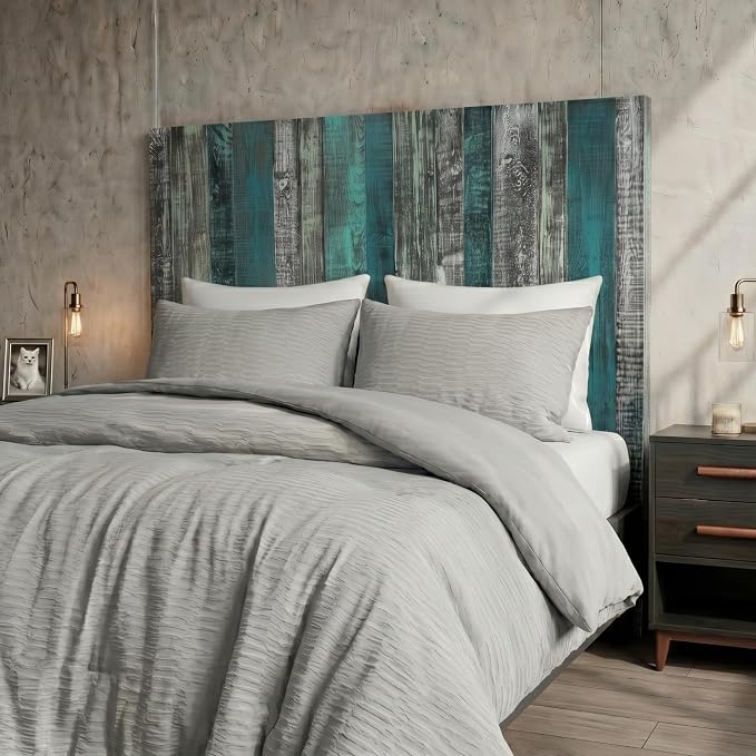 Barn Walls Wood Plank Headboard - Full Size Urban Industrial Wall Mounted, Linear Color Overlay White Mint Turquoise & Pale Green on Black Barrel Deep Stain, Real Wood Accent