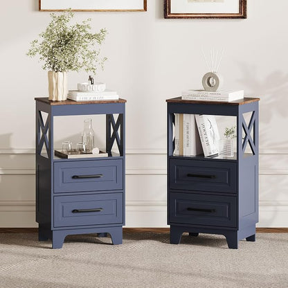 Tall Nightstand Set of 2 Side Table with 2 Drawers Modern Night Stand Wooden Rustic End Table Bedside Table with Upper Open Shelf Solid Feet for Bedroom Navy Blue+Walnut