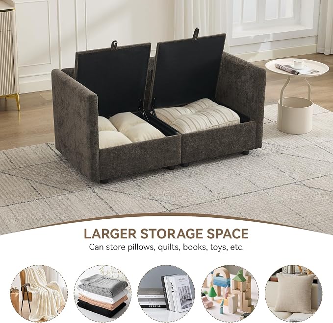 55" Cloud Modular Loveseat Sofa with Storage, Modern Upholstered Sofa Couch Small Love Seat, 2 Seater Chenille Comfy Sectional Sofa with Armrests for Living Room, Small Space, Brown