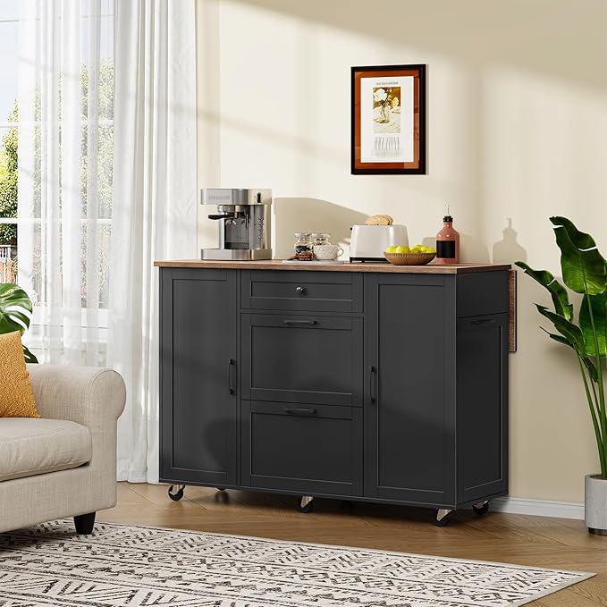 CHOEZON Kitchen Island with Trash Can Cabinet, Drop-Leaf Tabletop & 6 Wheels, 51.2-Inch Rolling Kitchen Cart with Fridge Shelf, Drawers & Adjustable Shelves, Farmhouse Style, Black and Walnut MZD07BL