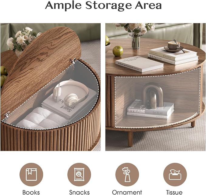 JOINICE 31.5" Round Coffee Table with Storage for Living Room, Walnut | Hidden Storage,Fluted Sliding Door,Mid Century Furniture for Small Apartments,Solid Wood Legs,Easy Assembly,Up to 110 lbs