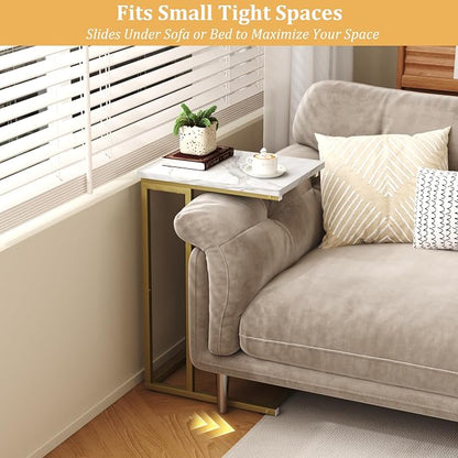 Function Home C Shaped End Table, Small Side Tables for Sofa Bed, Couch Tables that Slide Under, Drink Snack Table for Living Room Bedroom Small Space, White Wood Top and Gold Metal Frame