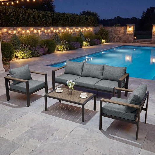 Patio Furniture Set 5 Seats and Coffee Table, Patio Conversation Set with Washable Thick Cushions, Deluxe Aluminum Modern Outside Sectional for Porch, Balcony, Deck, Yard, Light Gray