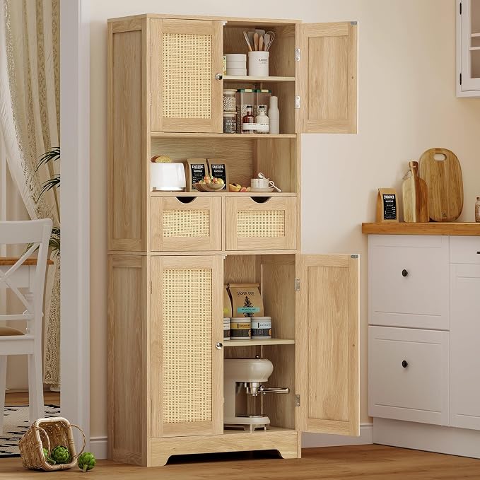 Iwell Tall Storage Cabinet with 2 Drawers & Adjustable Shelves, Rattan Cabinet, Kitchen Storage Cabinet, Pantry Cabinet with 4 Doors, Tall Cabinet for Living Room, Kitchen, Home Office, Natural