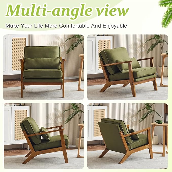 VINGLI Solid Wood Wide Armrests Accent Chair,Upholstered Mid Century Modern Chair with Pillow,Comfy Reading Chair Farmhouse Arm Chair,Chairs Living Room,Bedroom,Guest Room,Linen Fabric,Dark Green