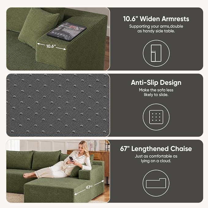 Boneless Couch, 102.4" Sectional Couches for Living Room with L Shape Sofa | Cloud Couch Sectional with Chaise, Modular Cloud Sofa with Deep Seat, No Assembly, Green, Corduroy, Right Chaise