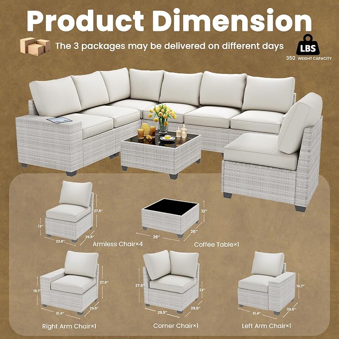 olimix 8 Piece Outdoor Patio Furniture Set, Outdoor Sectional Furniture, Rattan & Wicker Modern Modular Conversation Set Sofa Couch W/Water Resistant Washable Thick Cushions and Coffee Table, Beige