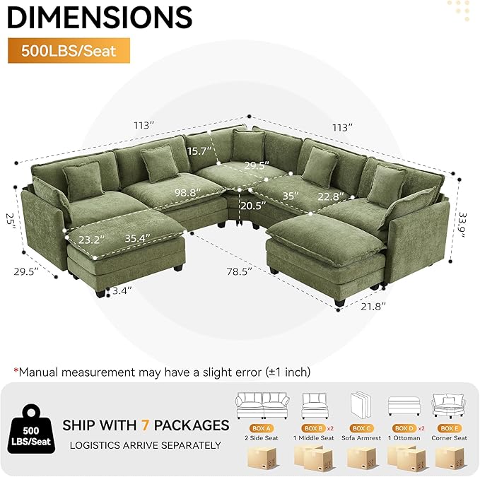 113'' V Shaped Cloud Sectional Sofa, Oversized Deep Seat Couches for Living Room, Chenille Comfy Upholstered Modular Sectional Sofa Couch with 2 Movable Ottoman, Green