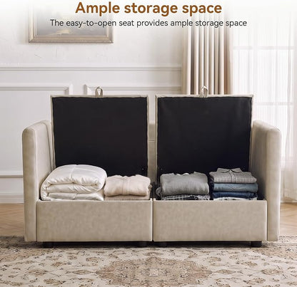 55" Beige Faux Leather Storage Loveseat Sofa, Upholstered 2 Seater Sofa | Modern Deep Seat Cloud Sofa Chair, Small Love Seat Comfy Modular Sectional Sofa for Living Room, Bedroom, Small spaces