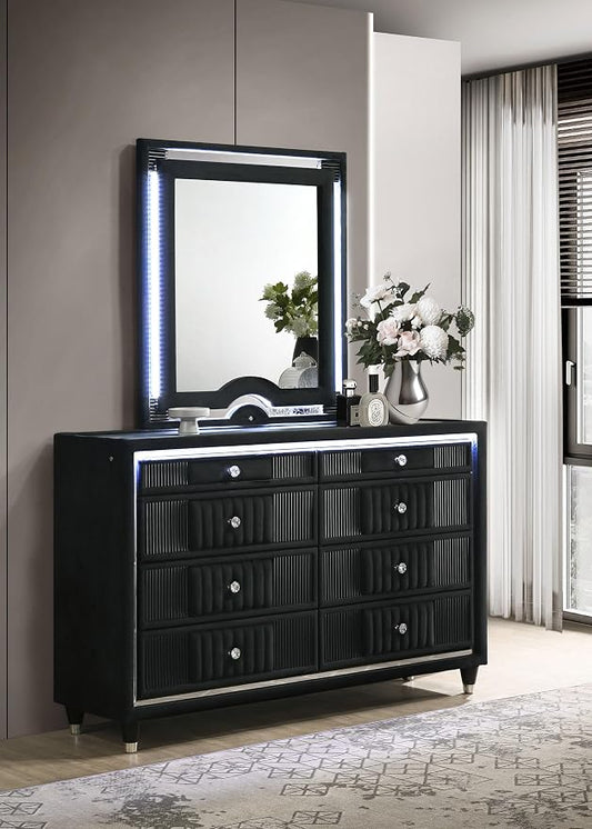 Coaster Home Furnishings - Ravenne - Wood - 8-Drawer Dresser with LED Mirror, Velvet Upholstery, and Glass Top - Bedroom - Black - 223193M