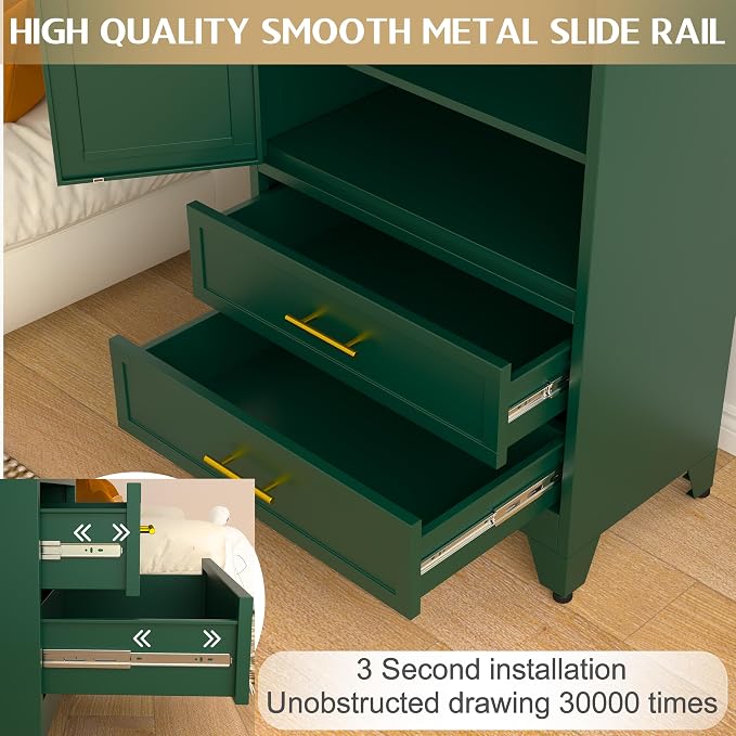 GAIOUS 71" Wardrobe Cabinet with 2 Doors, 1 Adjustable Shelf and 2 Drawers | Metal Clothing Storage Cabinets with Hanging Rod, Armoire Wardrobe Closet for Bedroom, Cloak Room, Gym (Green)